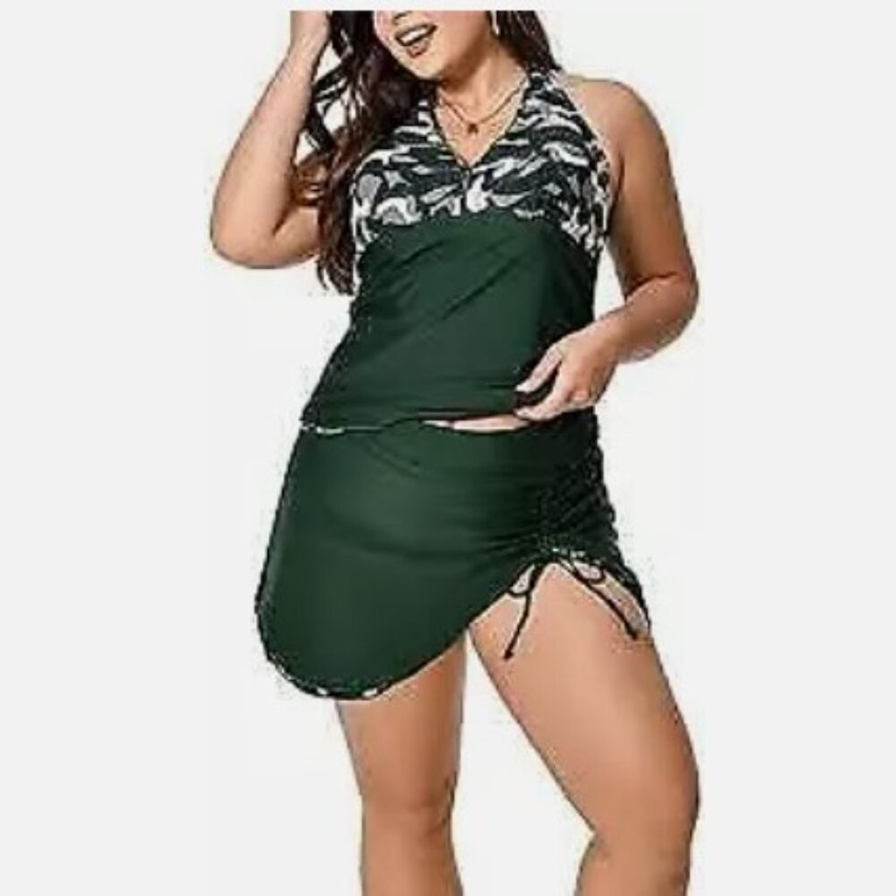 NEW Green with Camo Trim Plus Sz 3XL Skort & Halter Tankini 2 Pc Swimsuit - Picture 1 of 6